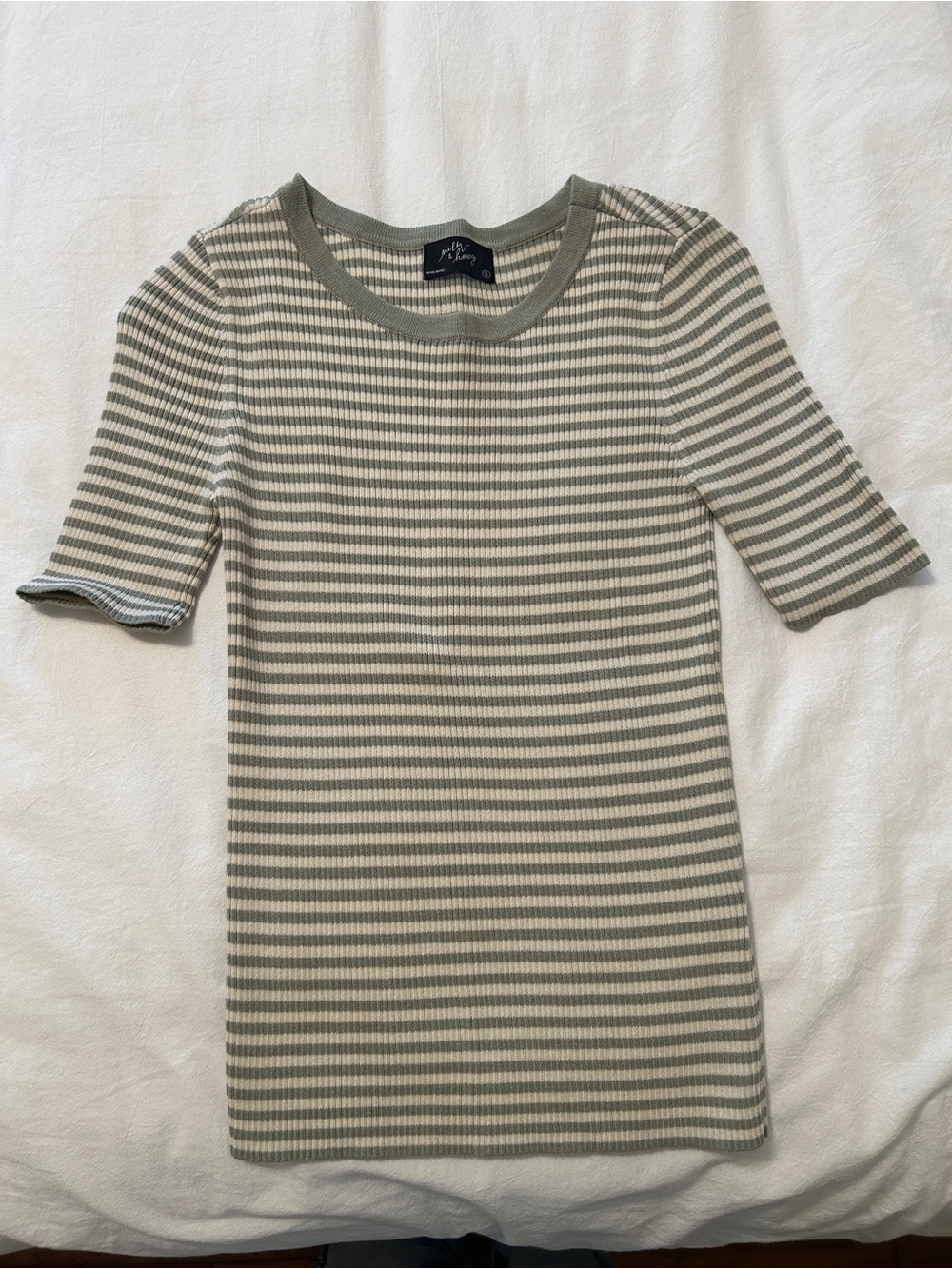 Milk & Honey Sage Green Stripe Rib Knit Top Size Small Cottagecore Casual Tee